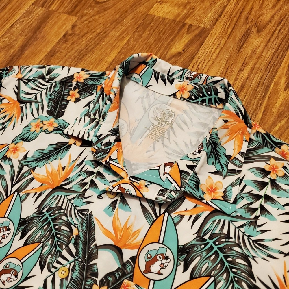 Bucees Hawaiian Shirt Men 2XL White‎ Tropical Surfboard Aloha Floral Stretch